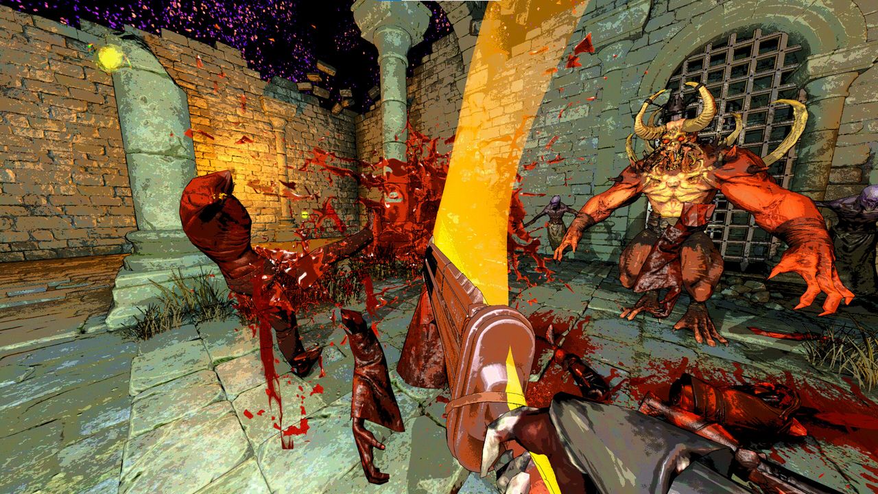 Mortal Sin screenshot showing large sword bisecting enemy in dungeon with new graphical style.