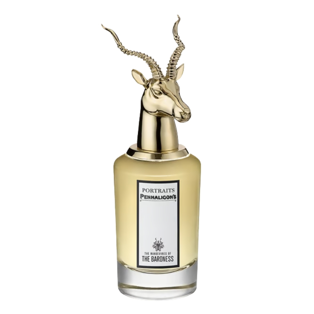 A product shot of the Penhaligon's The Manoeuvres of the Baroness perfume, on a white background