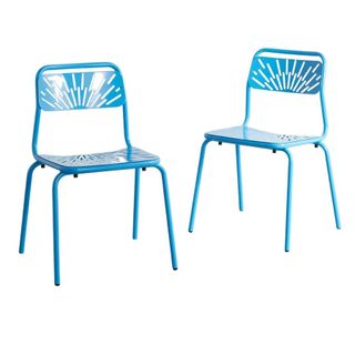 A set of two blue dining room table chairs