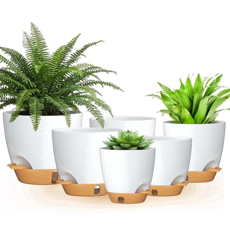 Fiason 6 Pack Self-Watering Plant Pots, White With Brown 5/5.5/6/6.5/7/8 Inch Planters With Watering Lip, Drainage Holes &amp;amp; Saucer for Indoor Outdoor Garden Plants