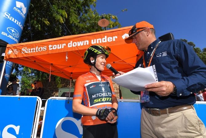 Amanda Spratt (Mitchelton-Scott) is interviewed ahead of stage 3