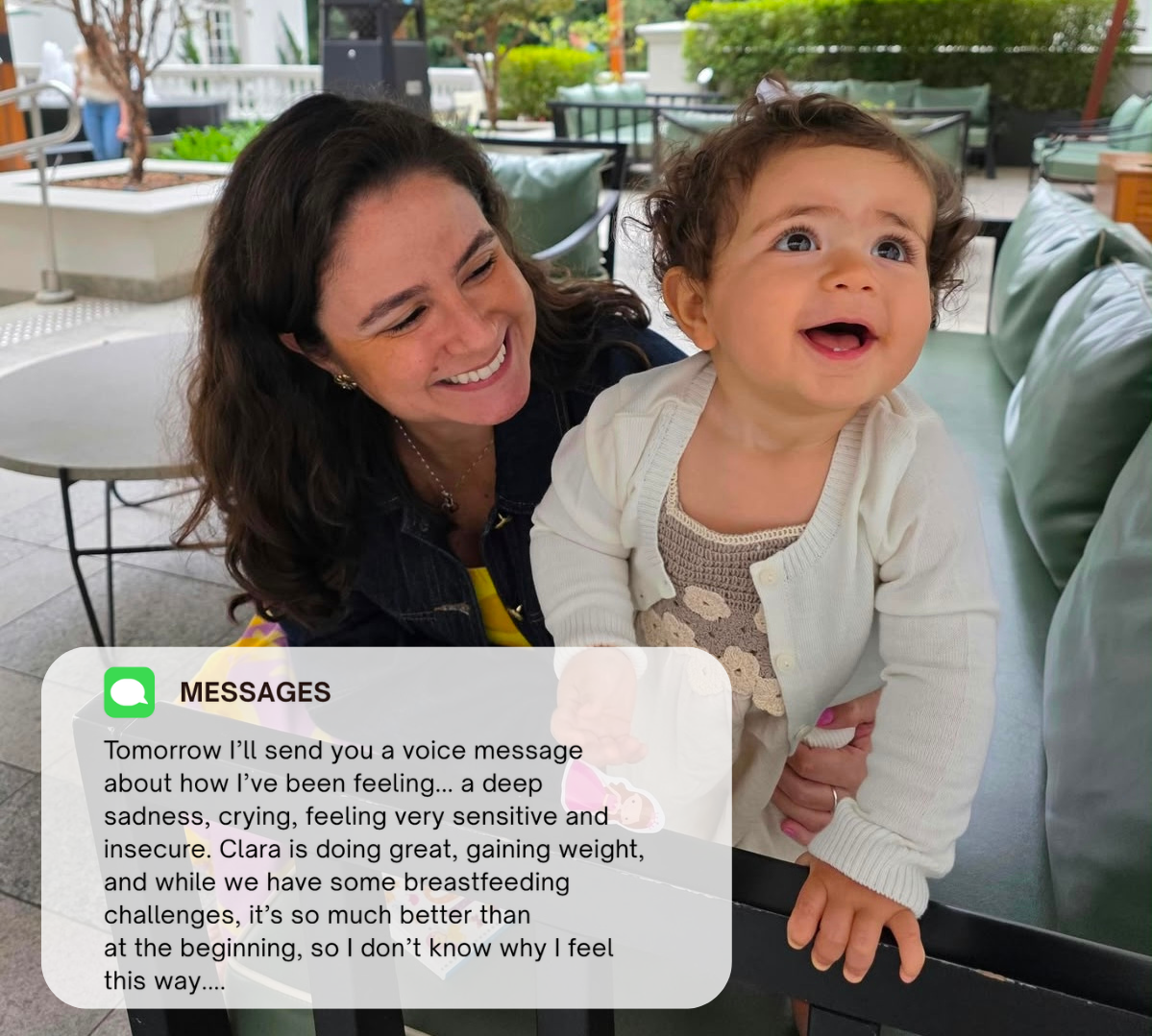 Marina with her daughter, Clara, alongside a message she sent during her postpartum period.