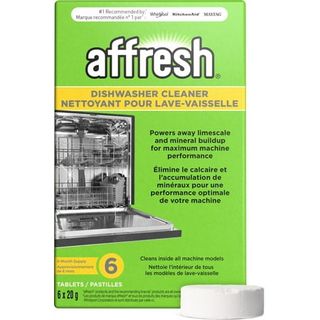 A green cardboard box with a picture of a silver dishwasher on the front of it. Affresh Branding. 