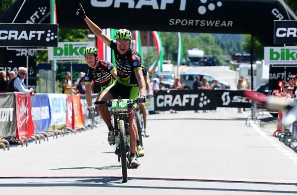 Stage winners Hannes Genze in front and Andreas Kugler of Multivan Merida Biking