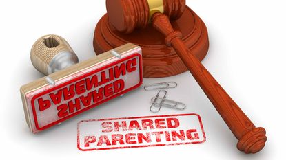 picture of judges gavel and a rubber stamp that says "shared parenting"