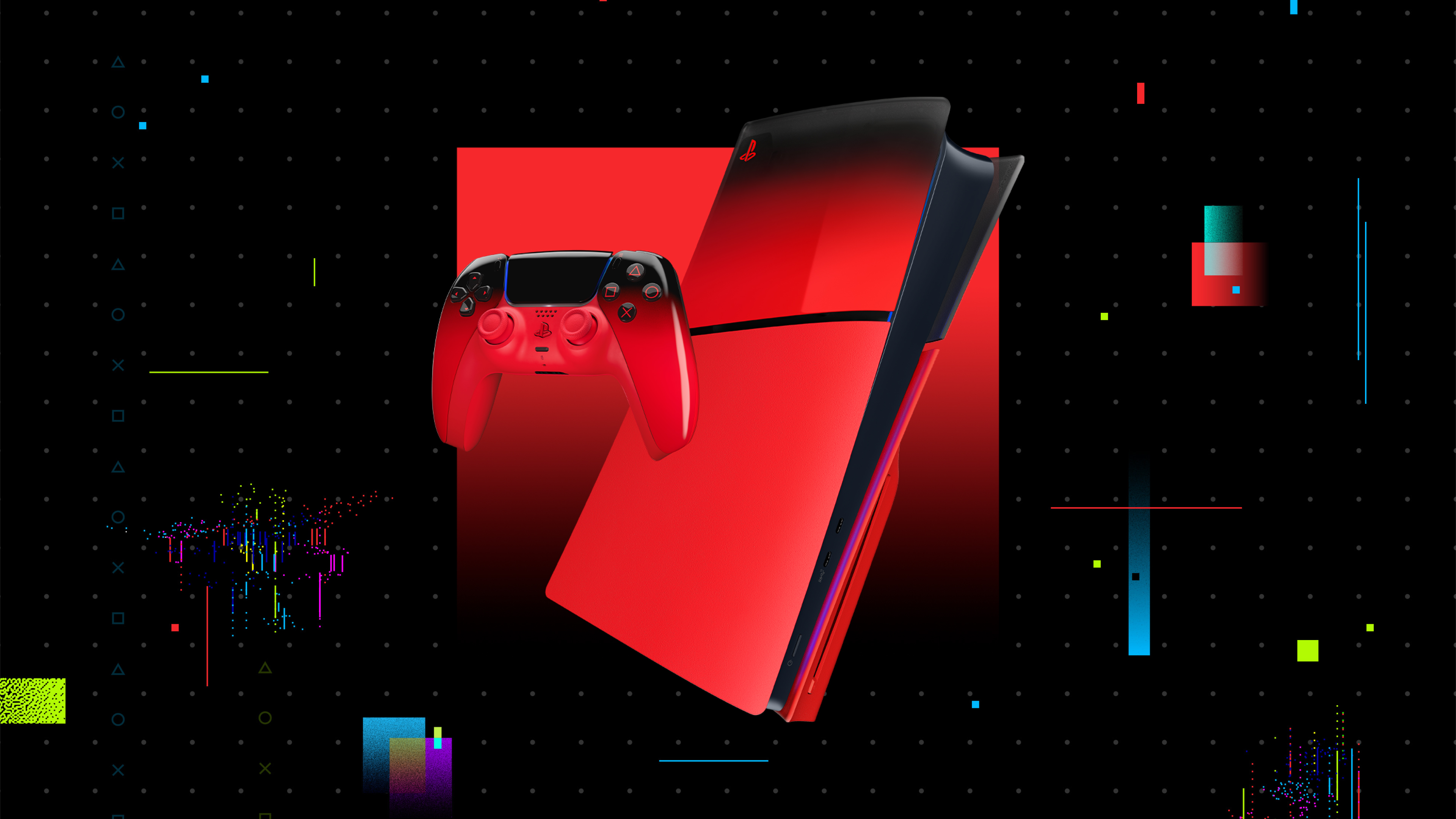 The artwork for the Techno Red DualSense and console cover from Sony's Hyperpop Collection