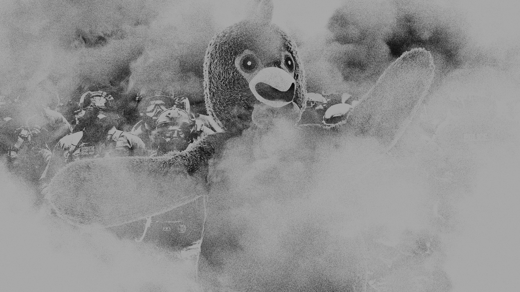 Illustration of a person in a chicken costume surrounded by tear gas and ICE officers