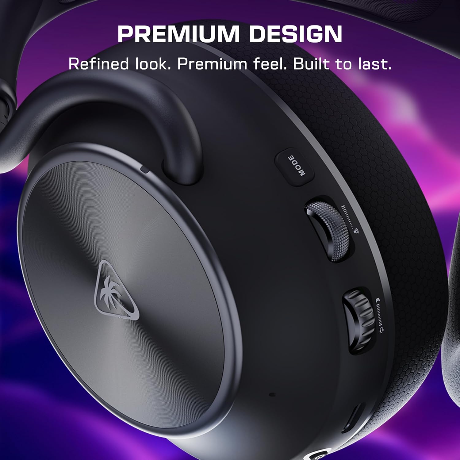 Close-up of sleek black headphones with a textured band, featuring buttons and a dial. Text reads, "Premium Design: Refined look. Premium feel. Built to last," on a purple and pink background.