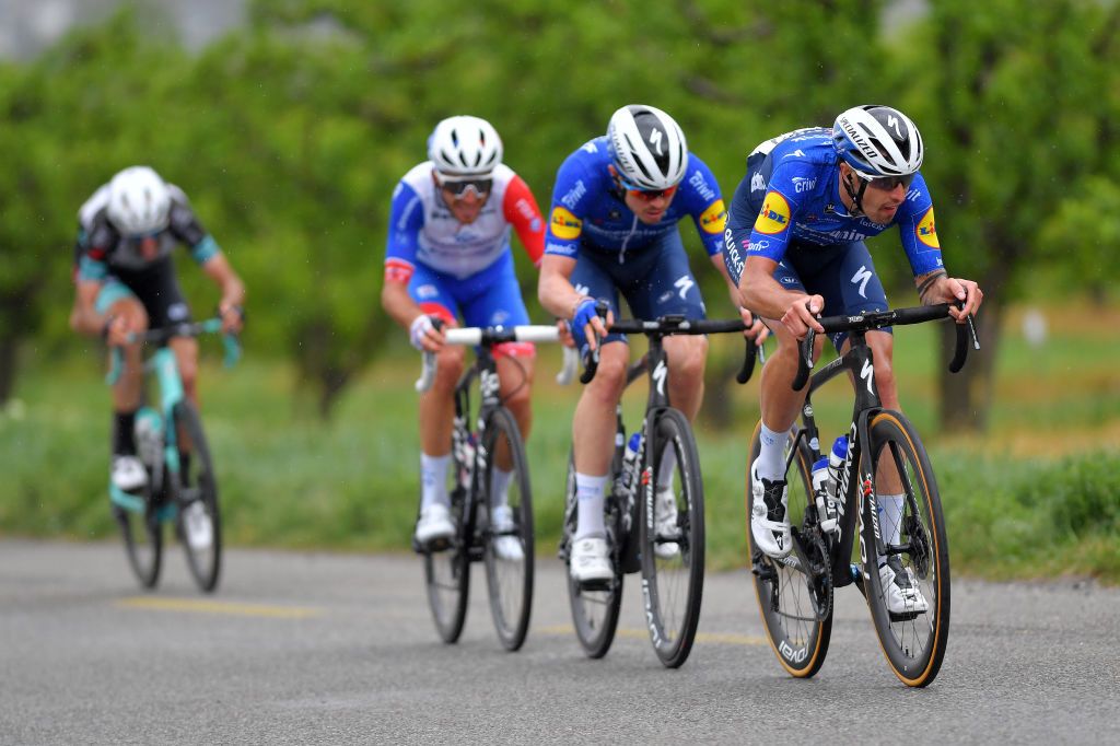 MARTIGNY SWITZERLAND APRIL 28 Mattia Cattaneo of Italy and Team Deceuninck QuickStep on breakaway during the 74th Tour De Romandie 2021 Stage 1 a 1681km stage from Aigle to Martigny TDR2021 TDRnonstop UCIworldtour on April 28 2021 in Martigny Switzerland Photo by Luc ClaessenGetty Images