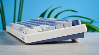 A Royal Kludge M75 wireless mechanical keyboard with blue keycaps