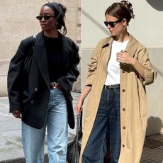 collage of European style influencers Liv Madeline and Clara Dyrhauge wearing fall 2025 outfits with denim trends like barrel jeans and dark-wash jeans