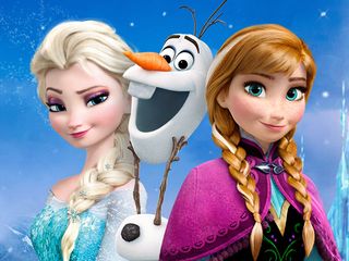 Elsa (voiced by) Idina Menzel, Olaf (voiced by Josh Gad) and Anna (voiced by Kristen Bell) in art for Frozen