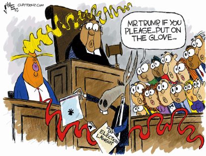 Political cartoon U.S. Trump 2016 election Democrats DNC lawsuit Russia investigation FBI