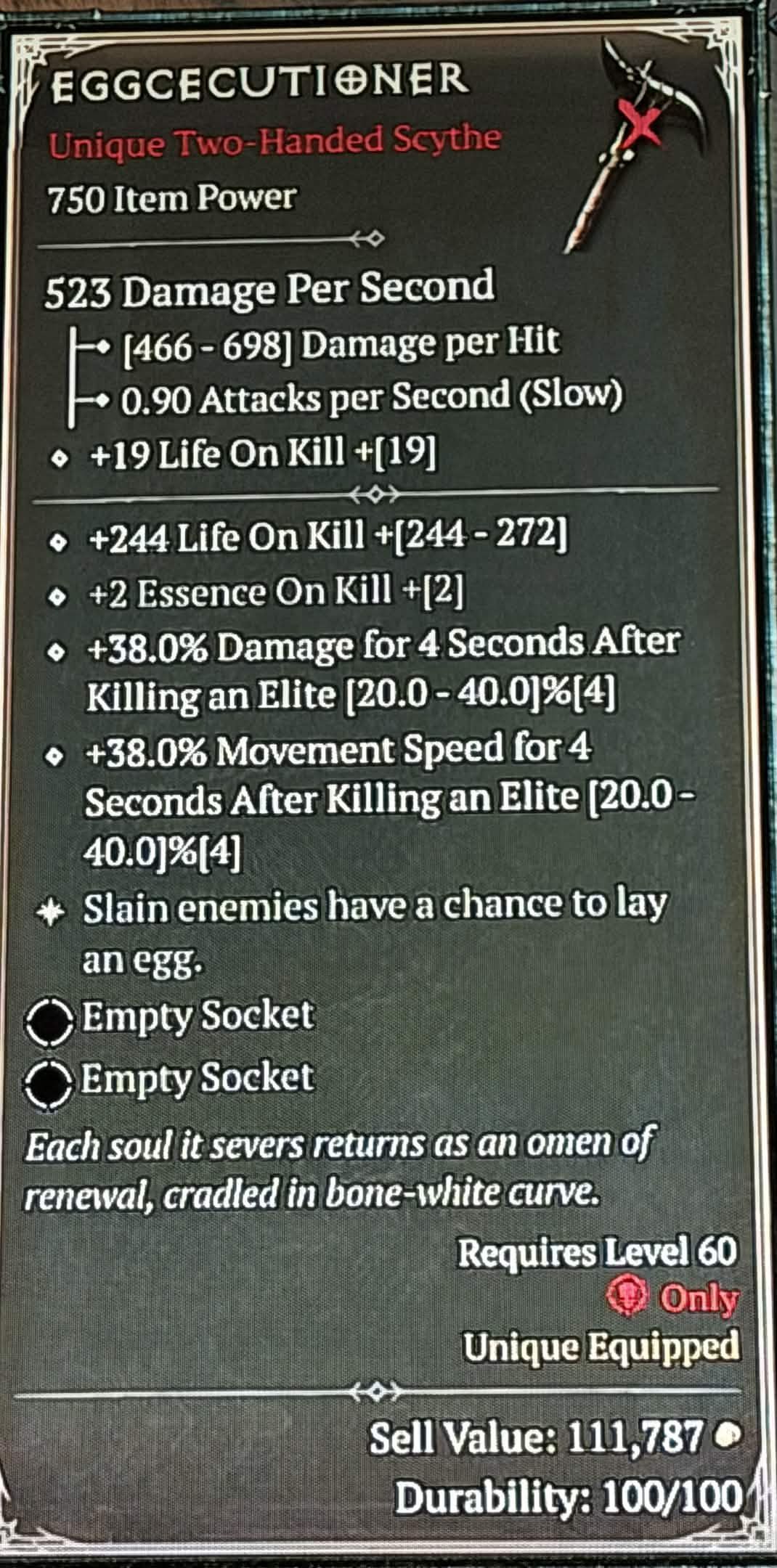 A screenshot of an April Fool's Day item in Diablo 4. A scythe called the Eggcecutioner that causes slain enemies to drop eggs.