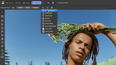 A close-up screenshot of a photo editing program interface showing a young man holding a bundle of white flowers above his head against a blue sky, with a drop-down menu for Canva AI features, including Remove Background, open at the top.