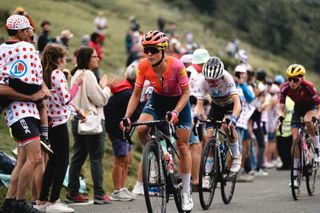 Tour de France Femmes 2023: Kasia Niewiadoma (Canyon-SRAM) pushing the pace out the front on the Col d'Aspin with Annemiek van Vleuten (Movistar) and Demi Vollering (SD Worx)