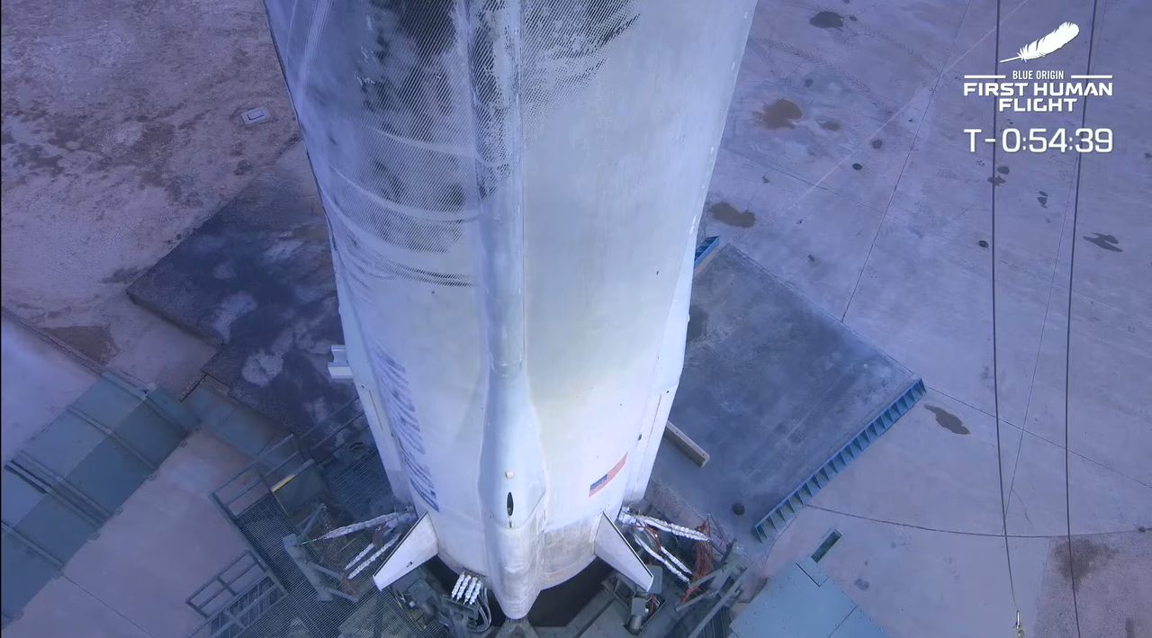 A view of the New Shepard rocket before launch on July 20, 2021.