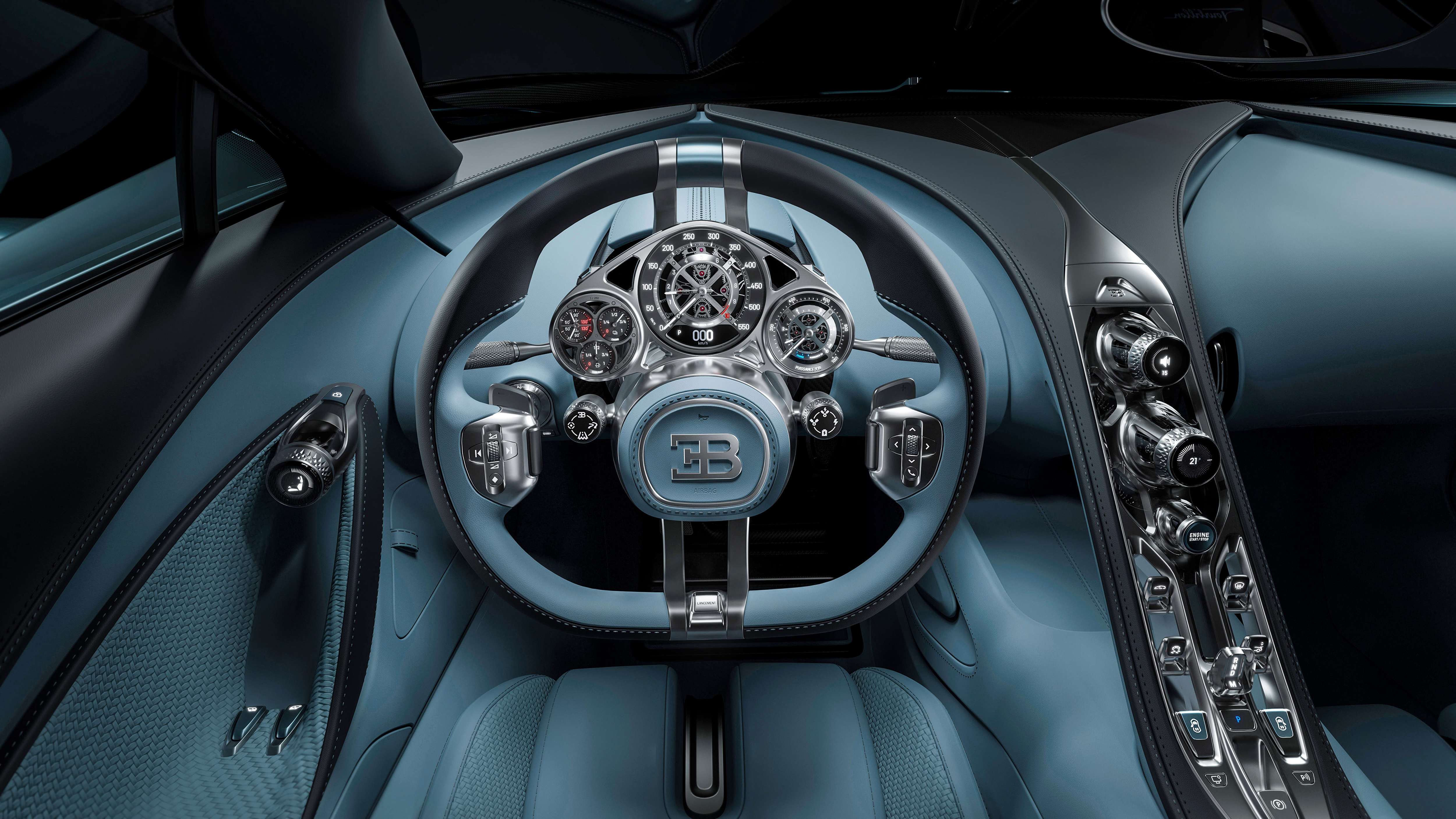 The ridiculous interior of the bugatti, with its tourbillion-esque dials and buttons.