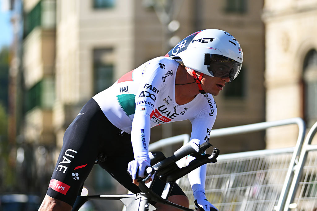 BILBAO, SPAIN - APRIL 06: Isaac Del Toro of Mexico and UAE Team Emirates - XRG competes during the 65th Itzulia Basque Country 2026, Stage 1 a 13.8km individual time trial stage from Bilbao to Bilbao / #UCIWT / on April 06, 2026 in Bilbao, Spain. (Photo by Tim de Waele/Getty Images)