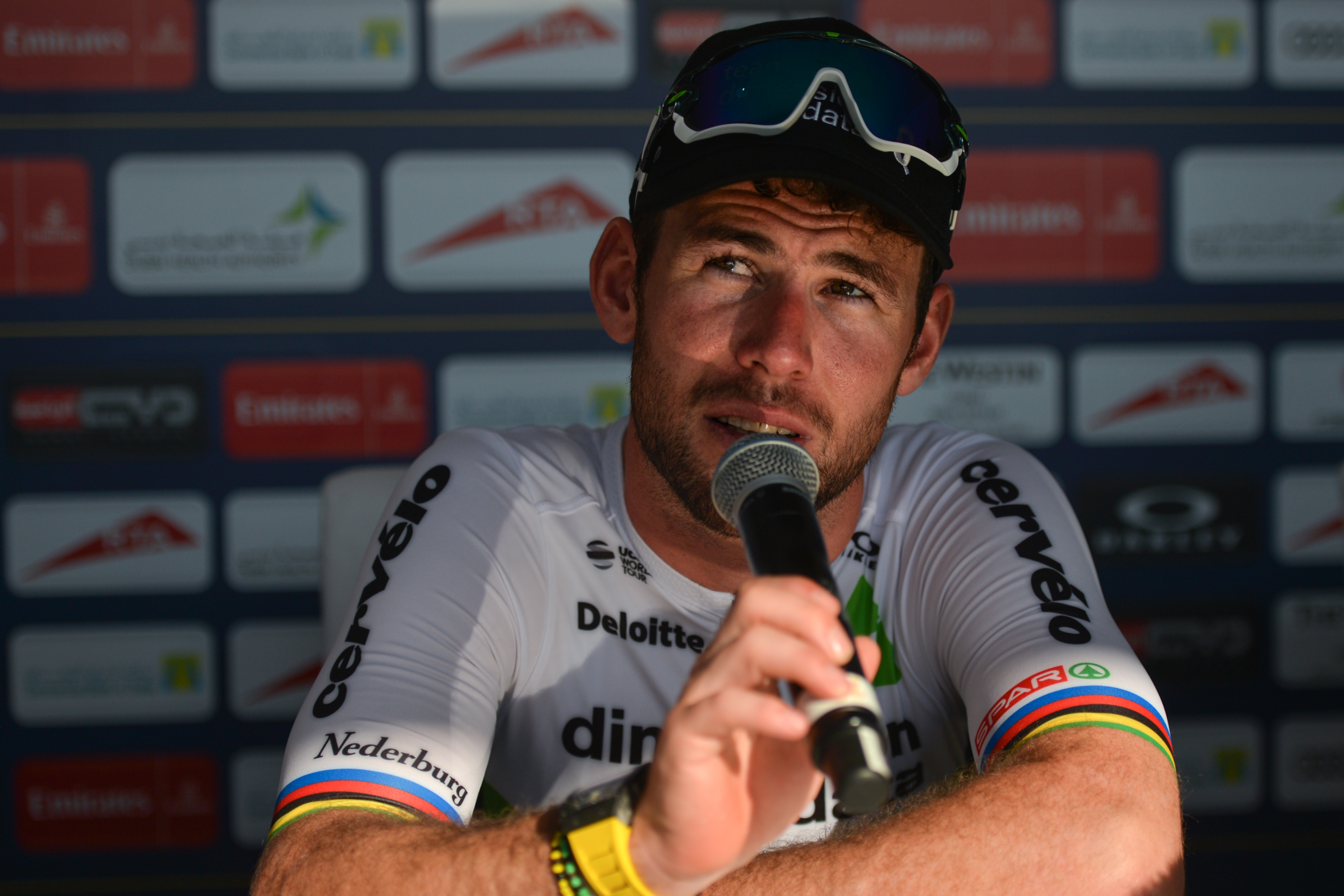 UK&#039;s Mark Cavendish from Dimension Data Team during post-race press conference, after winning Dubai Silicon Oasis Stage, 180 km third stage of Tour of Dubai 2018, with a start from Skydive Dubai and finish in Fujairah.
On Thursday, February 8, 2018, in Fujairah, Fujairah Emirate, United Arab Emirates. (Photo by Artur Widak/NurPhoto)