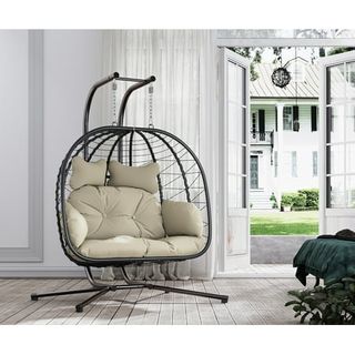 Bifanuo Double Wicker Swing Egg Chair Hammock Foldable Hanging Loveseat With Stand, Uv Resistant Removable Cushions, 700lbs Capacity for Bedroom, Balcony (black and Beige)