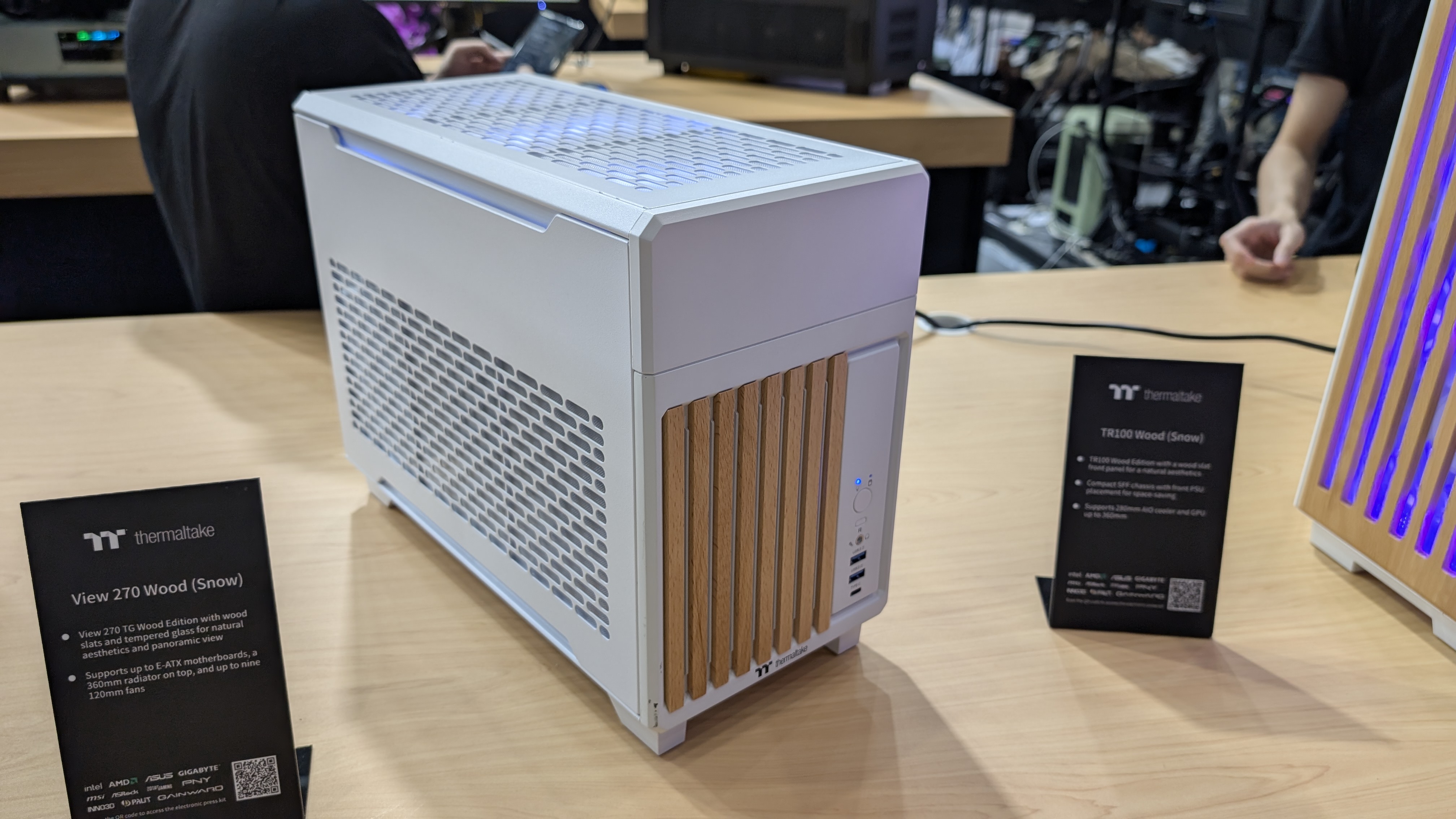 Thermaltake TR100 case with wood accents at Computex 2025