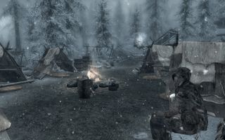 Best Skyrim mods — fur-clad NPCs gather around their campsite's cookfire at a location added by the Cutting Room Floor mod.