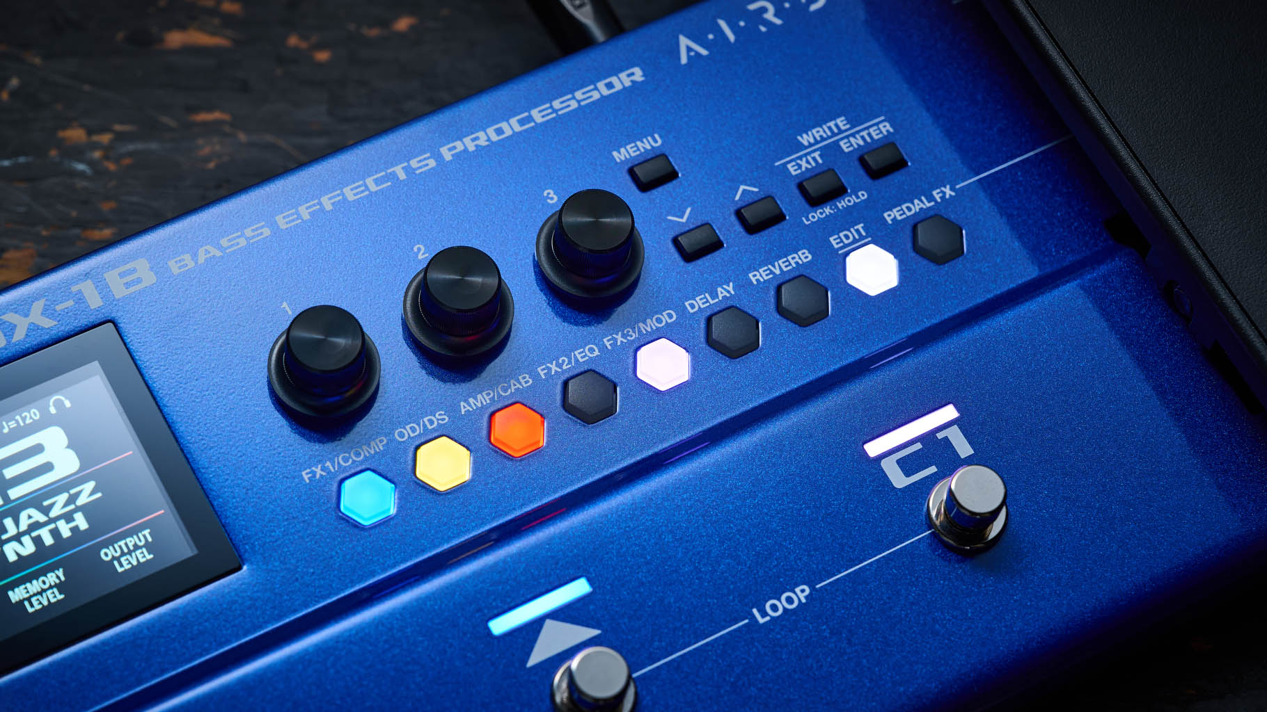 Boss GX-1B, the multi-effects pedal designed specifically for bass has a blue enclosure, three assignable footswitches and an integrated expression pedal &amp;ndash; and it's digital display is easy to read.