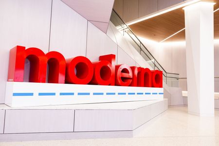 Moderna spelled out in red blocks at company headquarters in Massachusetts