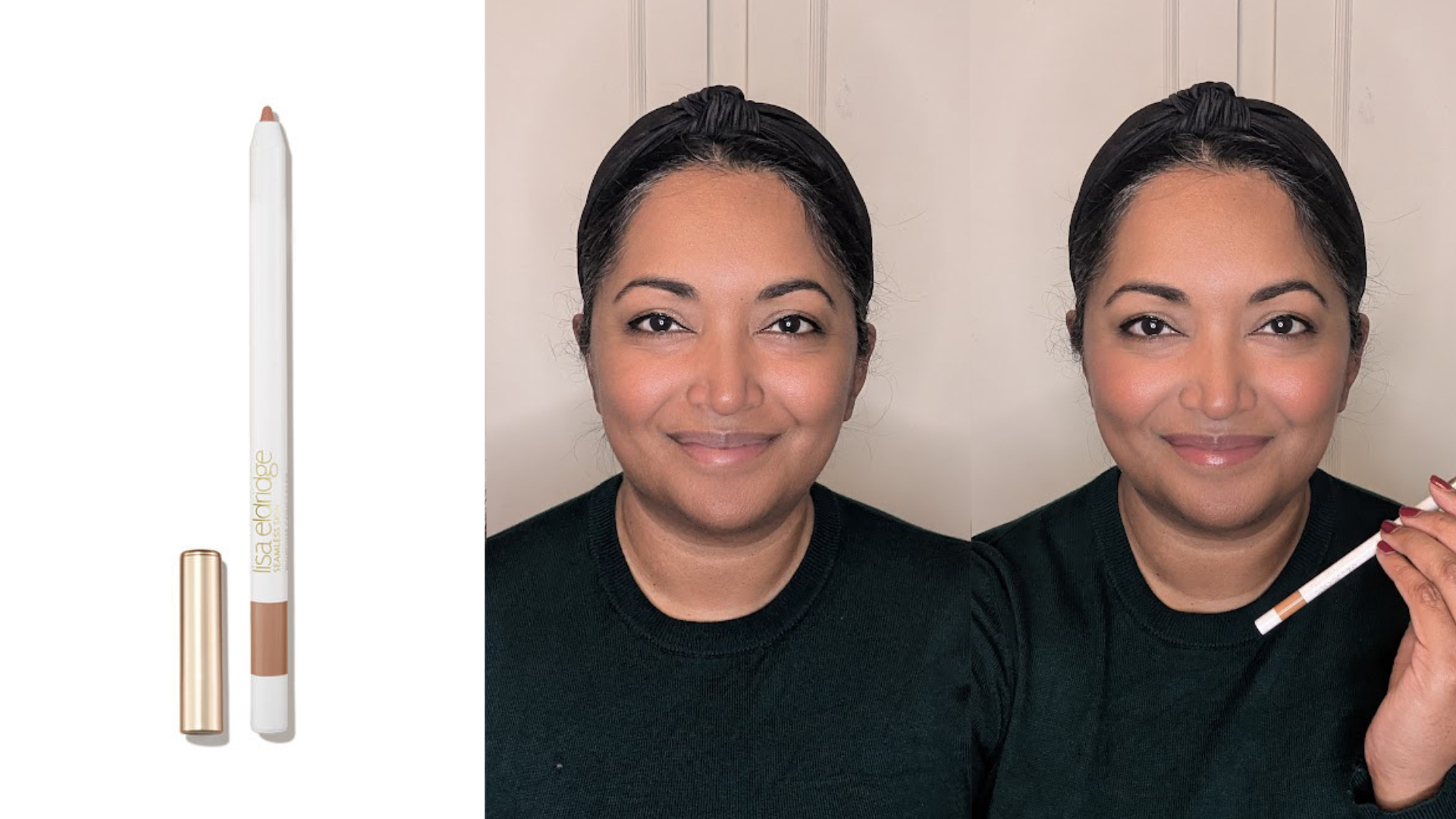 Collage of three images showing the Lisa Eldridge Pinpoint Concealer (left) Ayesha with no makeup (centre) and a full-face of makeup while holding the concealer (right)