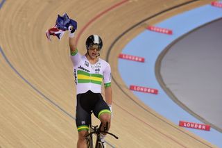 Sam Welsford celebrates Australia's gold in team pursuit