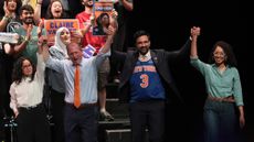 New York City Mayor Zohran Mamdani with the three victorious local candidates he endorsed.