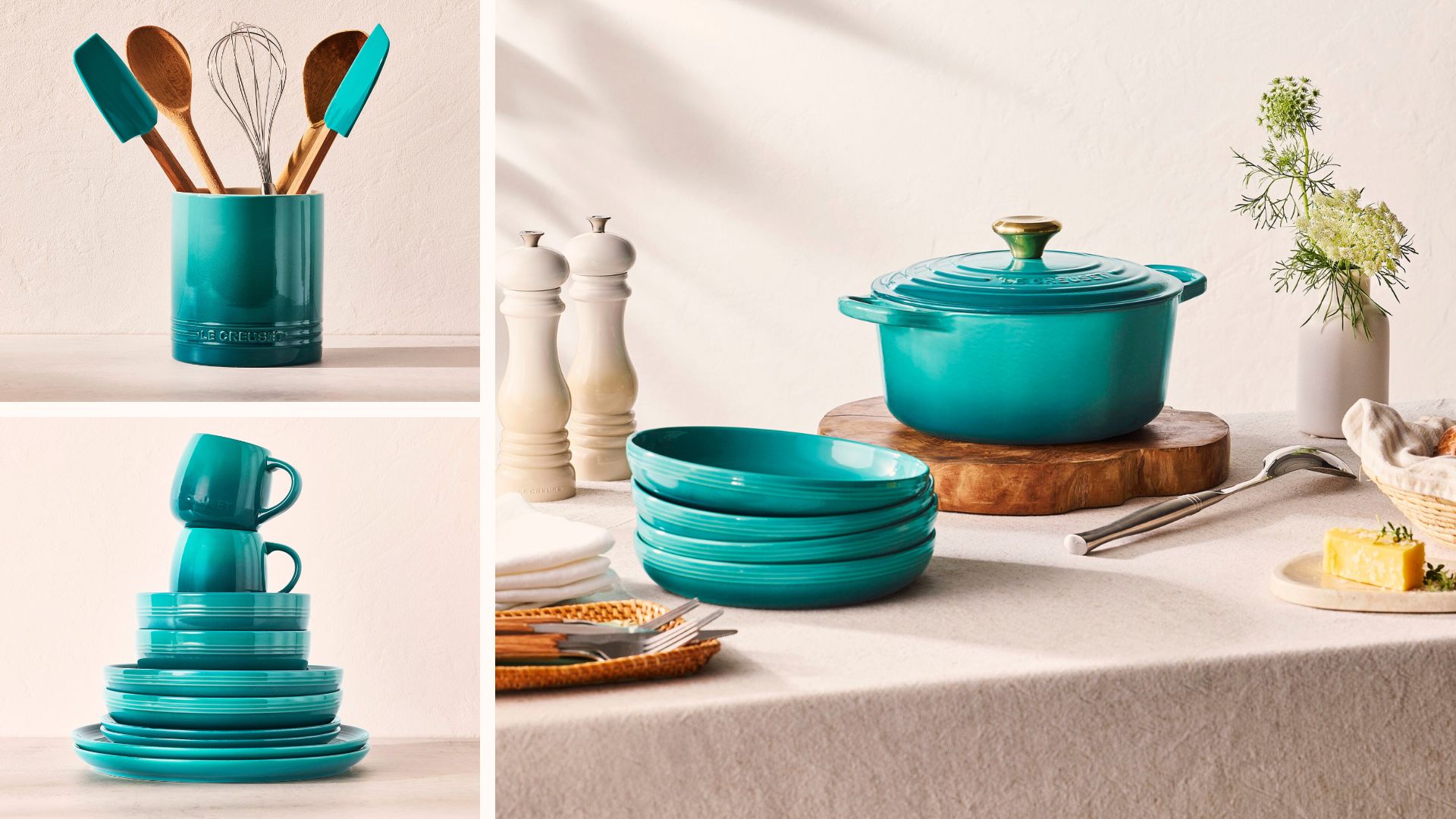 collage of Le Creuset Bleu Riviera stoneware and cast iron range