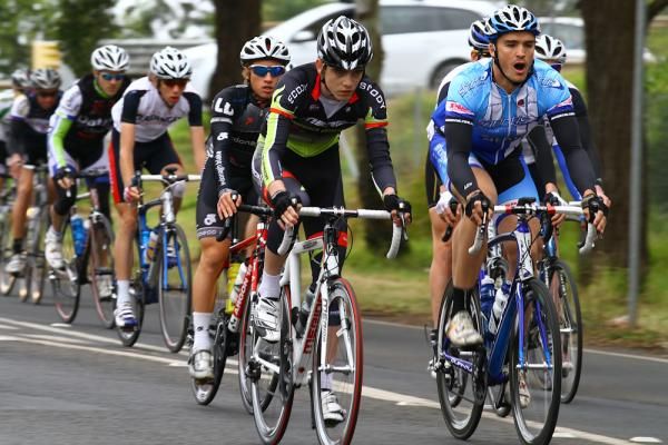 Merida's Douglas Freeburn pushing down the peloton.