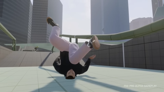 image from pre-alpha build of videogame Skate. A skateboarder is falling over a rail onto their head.