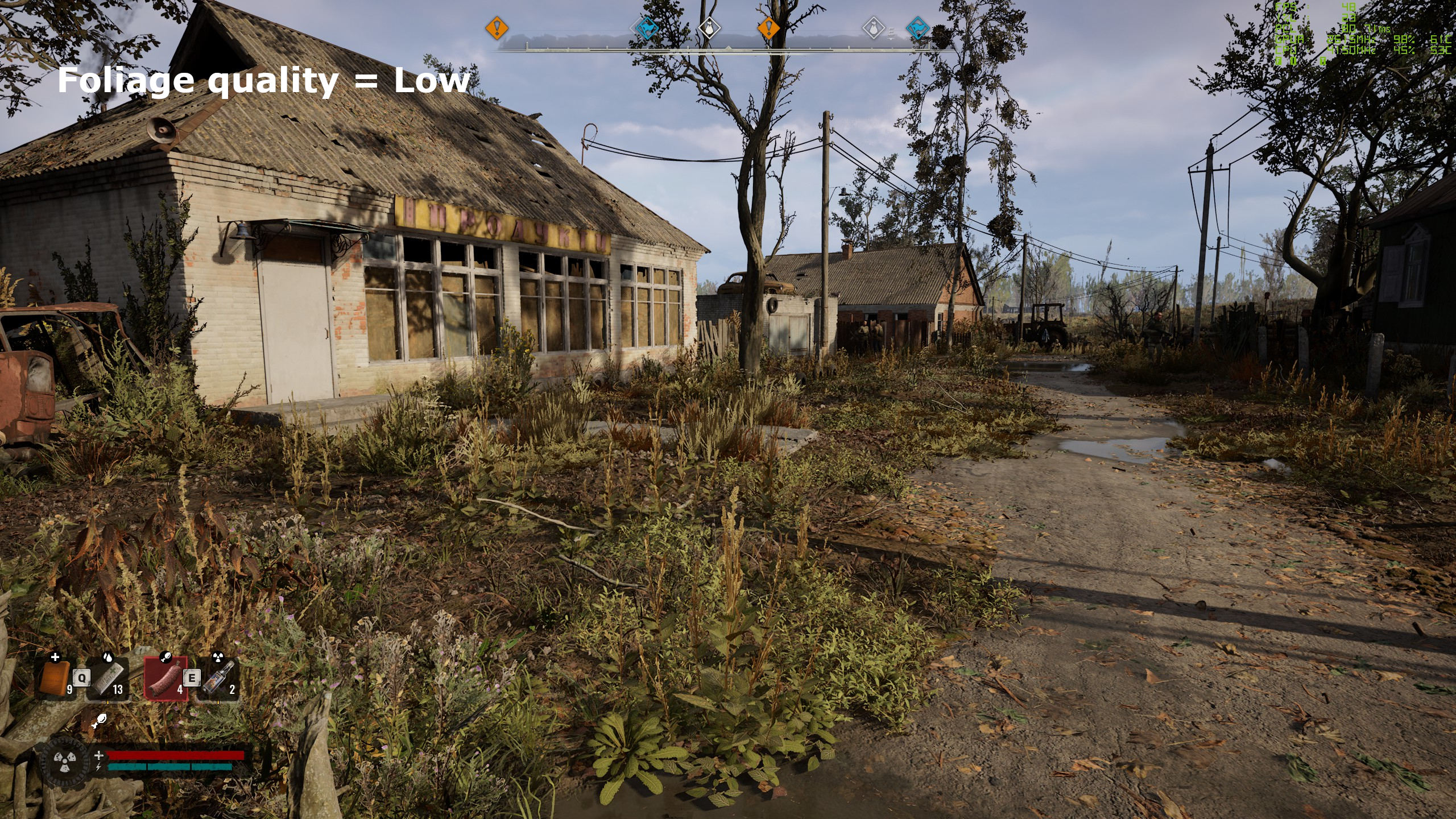 A screenshot of Stalker 2: Heart of Chornobyl, showing the impact of foliage quality settings