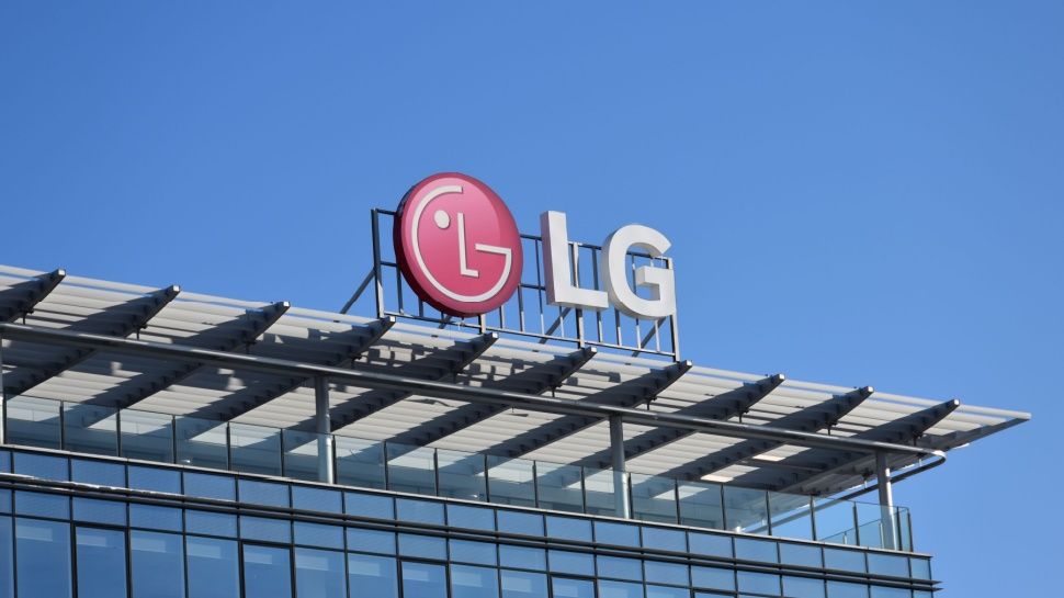 LG Electronics sign, logo, emblem on the facade of LG Electronics Polska Service center.