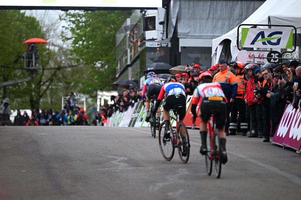 HUY BELGIUM APRIL 17 LR Race winner Katarzyna Niewiadoma of Poland and Team CanyonSRAM Racing Demi Vollering of The Netherlands and Team SD Worx Protime and Elisa Longo Borghini of Italy and Team Lidl Trek compete in the breakaway during the 27th La Fleche Wallonne Feminine 2024 a 146km one day race from Huy to Huy UCIWWT on April 17 2024 in Huy Belgium Photo by Dario BelingheriGetty Images
