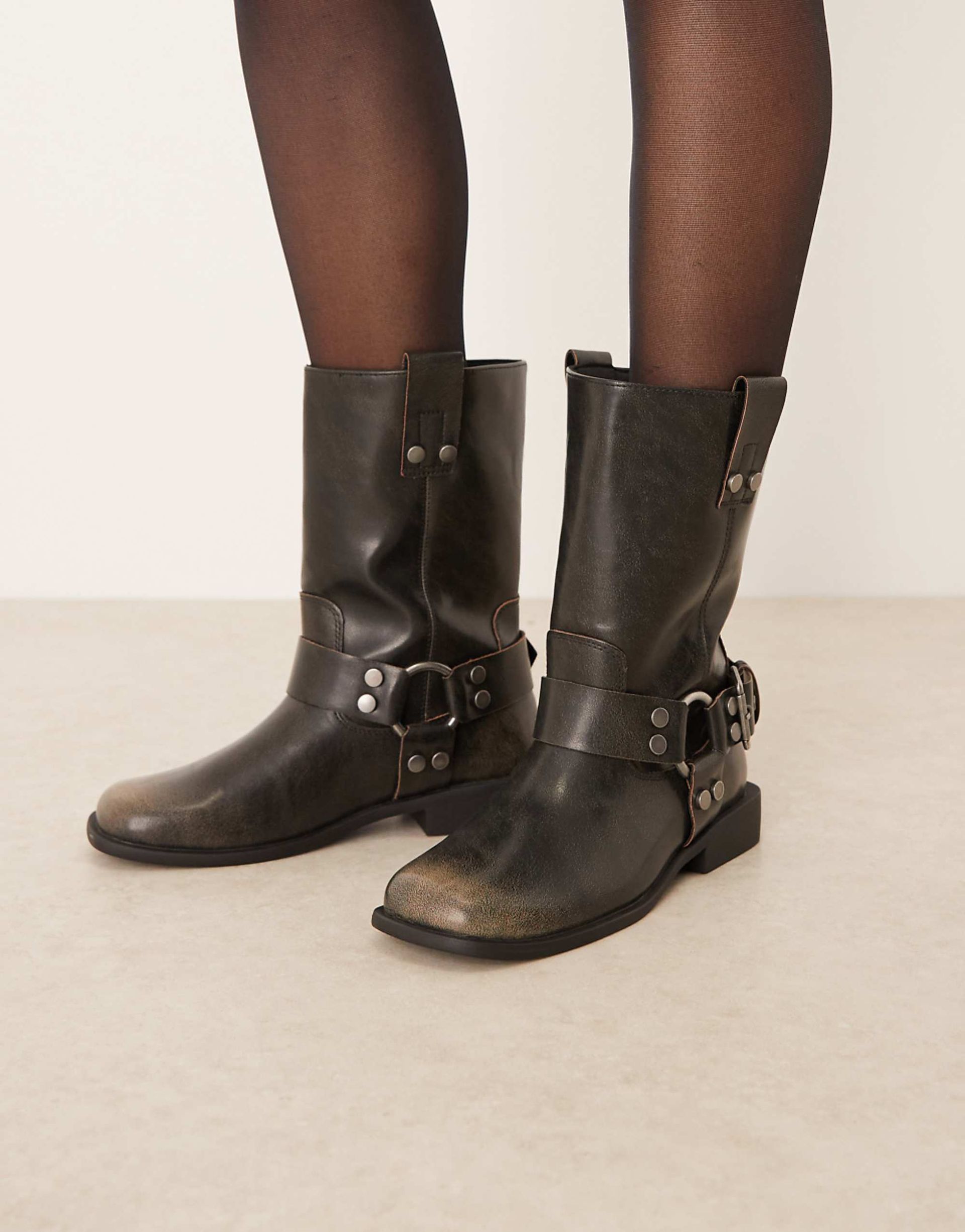 Asos Design Arley Burnished Flat Biker Boot in Brown