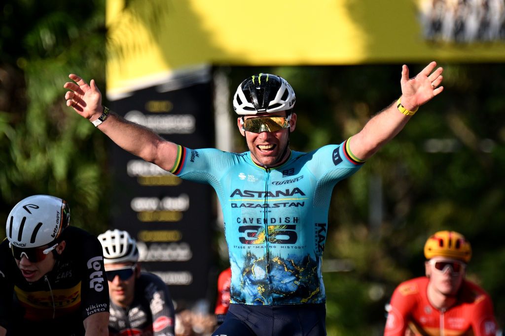 SINGAPORE SINGAPORE NOVEMBER 10 Mark Cavendish of The United Kingdom and Astana Qazaqstan Team celebrates at finish line as race winner during the 3rd Tour de France Prudential Singapore 2024 Criterium a 575km one day race from Singapore to Singapore on November 10 2024 in Singapore Photo by Tim de WaeleGetty Images