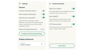 ExpressVPN Chrome extension interface, displaying Settings and Privacy & Security menus