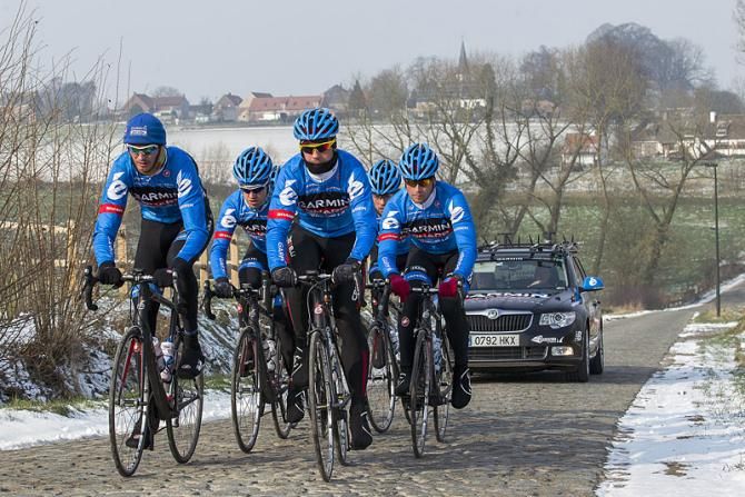 Members of Garmin-Sharp's Classics squad recon the Omloop Het Nieuwsblad parcours.