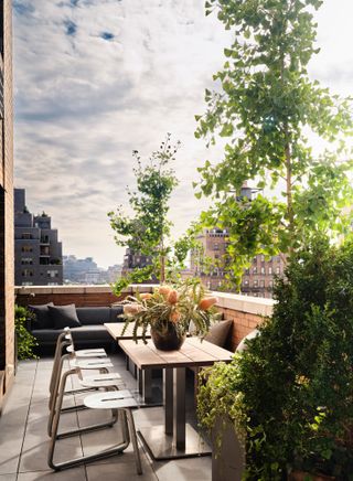 clive lonstein home terrace in new york with dining table and plants