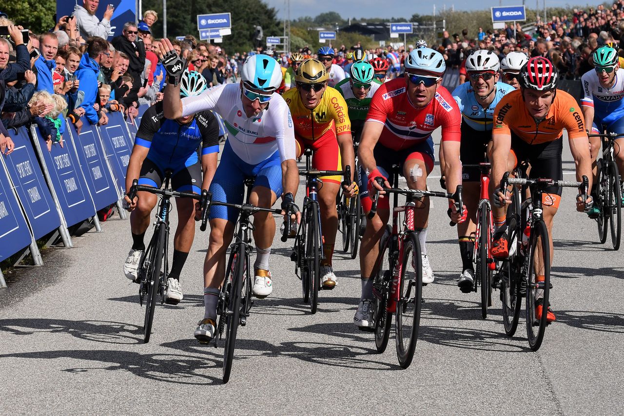 Elia Viviani (Italy) angry at missing out in the win to Alexander Kristoff (Norway)