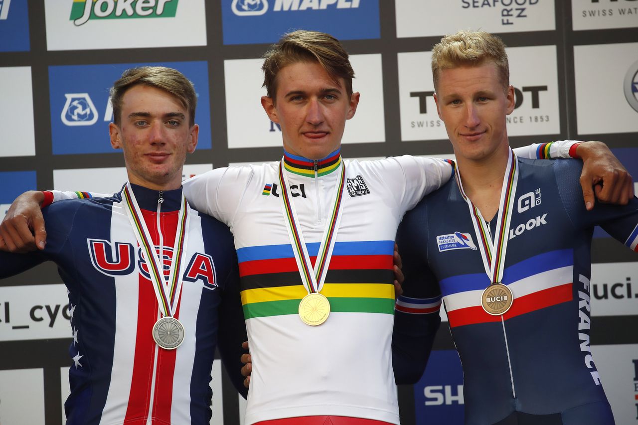 Brandon McNulty, Mikkel Bjerg and Corentin Ermenault on the U23 men's podium