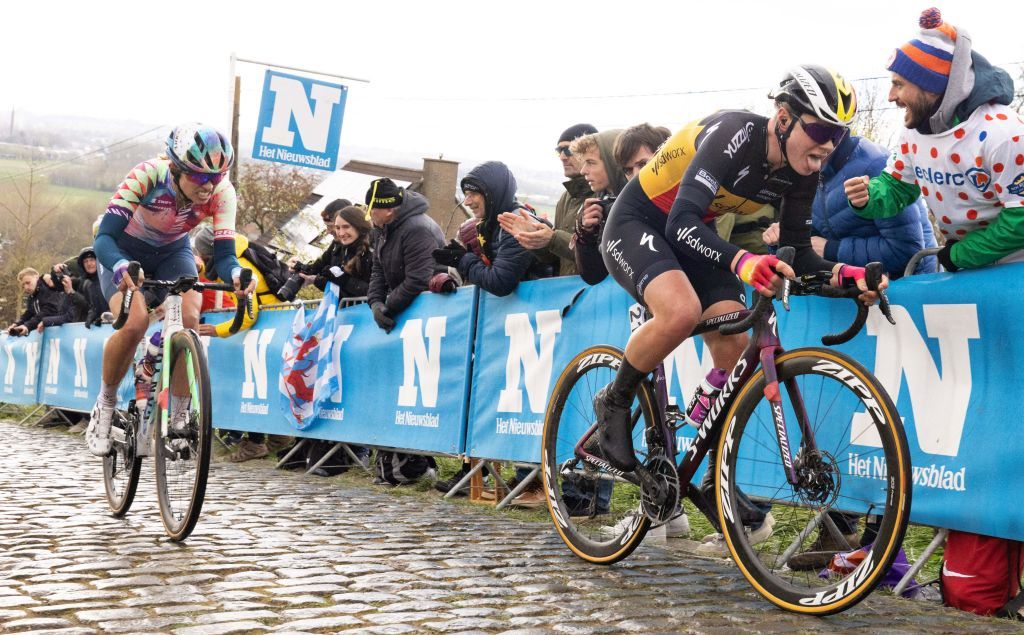 Belgian Lotte Kopecky of SD Worx pictured in action at the Paterberg cobbles climb in Kluisbergen during the womens race of the Ronde van Vlaanderen Tour des Flandres Tour of Flanders one day cycling event 2725km from Oudenaarde to Oudenaarde Sunday 03 April 2022 BELGA PHOTO BENOIT DOPPAGNE Photo by BENOIT DOPPAGNE BELGA MAG Belga via AFP Photo by BENOIT DOPPAGNEBELGA MAGAFP via Getty Images