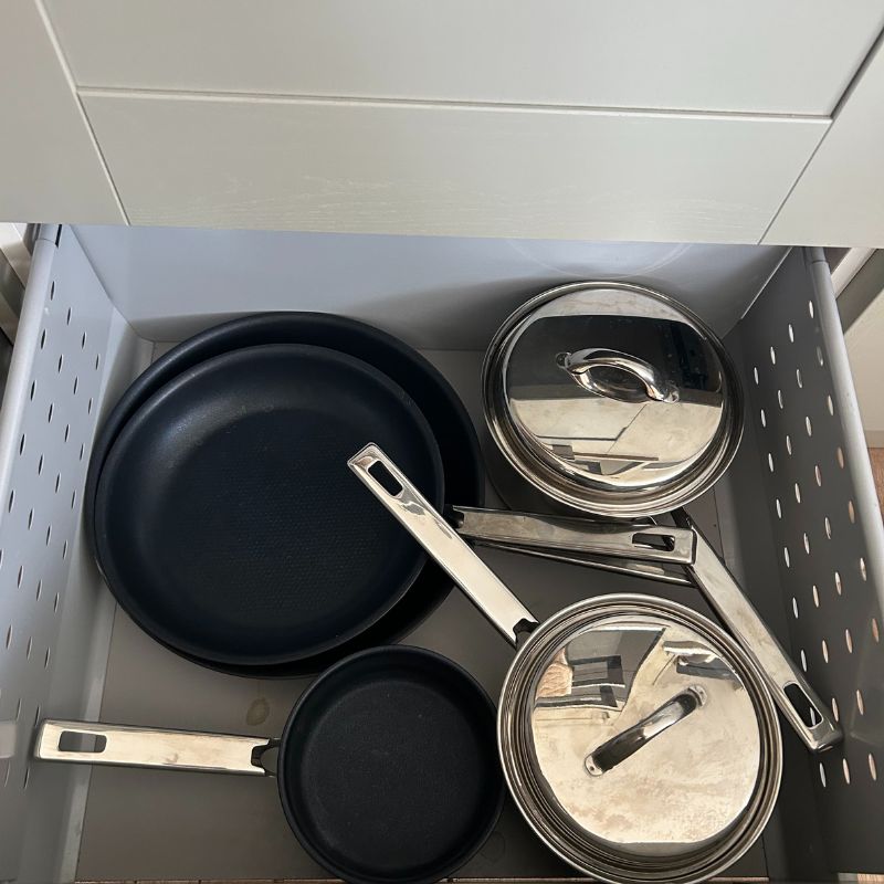 John Lewis Classic 5 Piece Pan Set stored in drawer