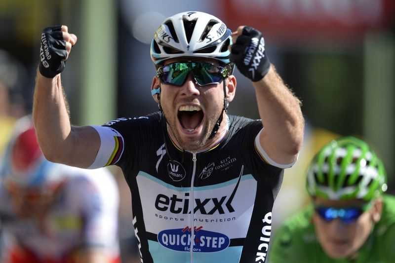 Mark Cavendish (Etixx-Quick Step) celebrates his 26th Tour de France stage win
