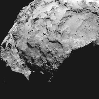 A cross marks the landing spot on Comet Comet 67P/Churyumov-Gerasimenko for the Philae lander in this image captured by the lander's mothership, the Rosetta spacecraft. The European Space Agency, which runs Rosetta, unveiled the landing target on Sept. 15, 2014, with touchdown set for Nov. 11.