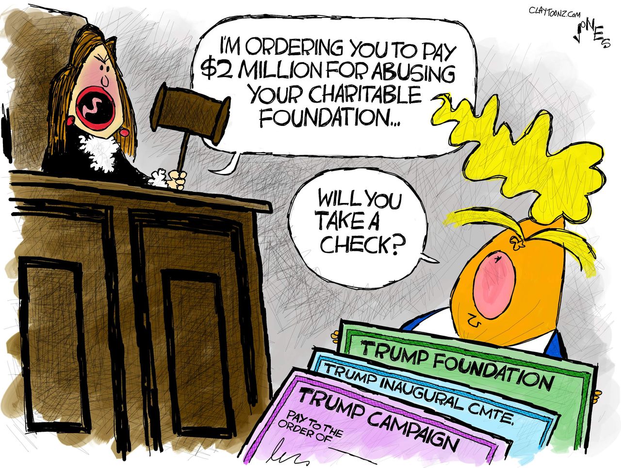 Political Cartoon U.S. Trump charitable foundation fine